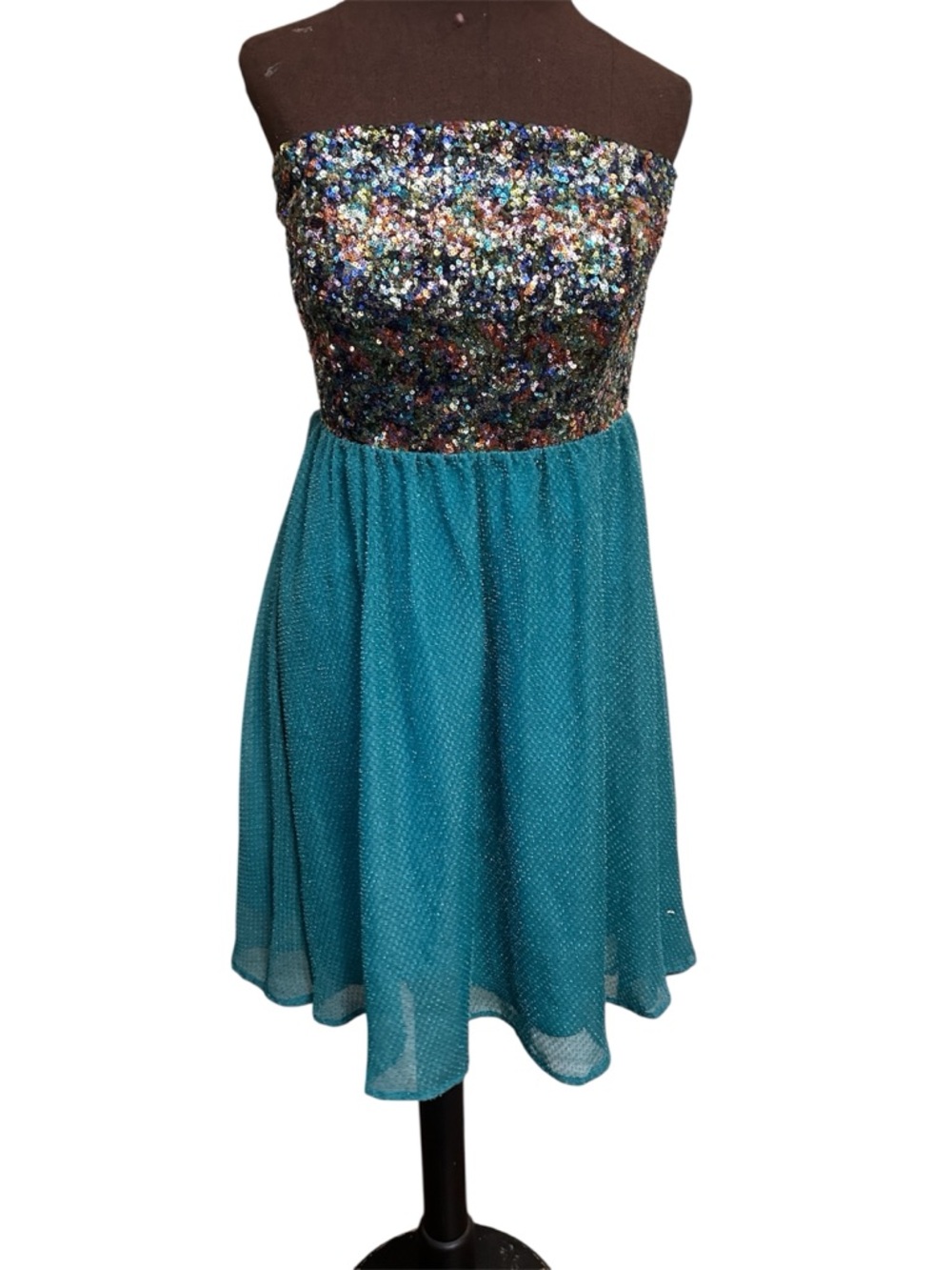 Teal Strapless Sequin Bodice Cocktail Dress